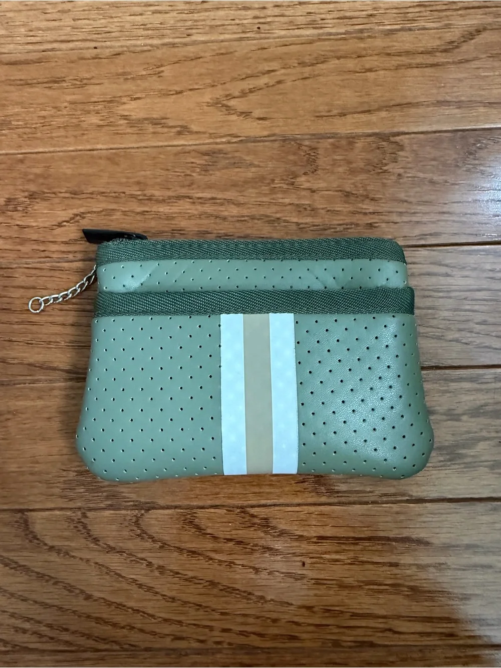 Olive Green Perforated Zip Pouch with Stripe